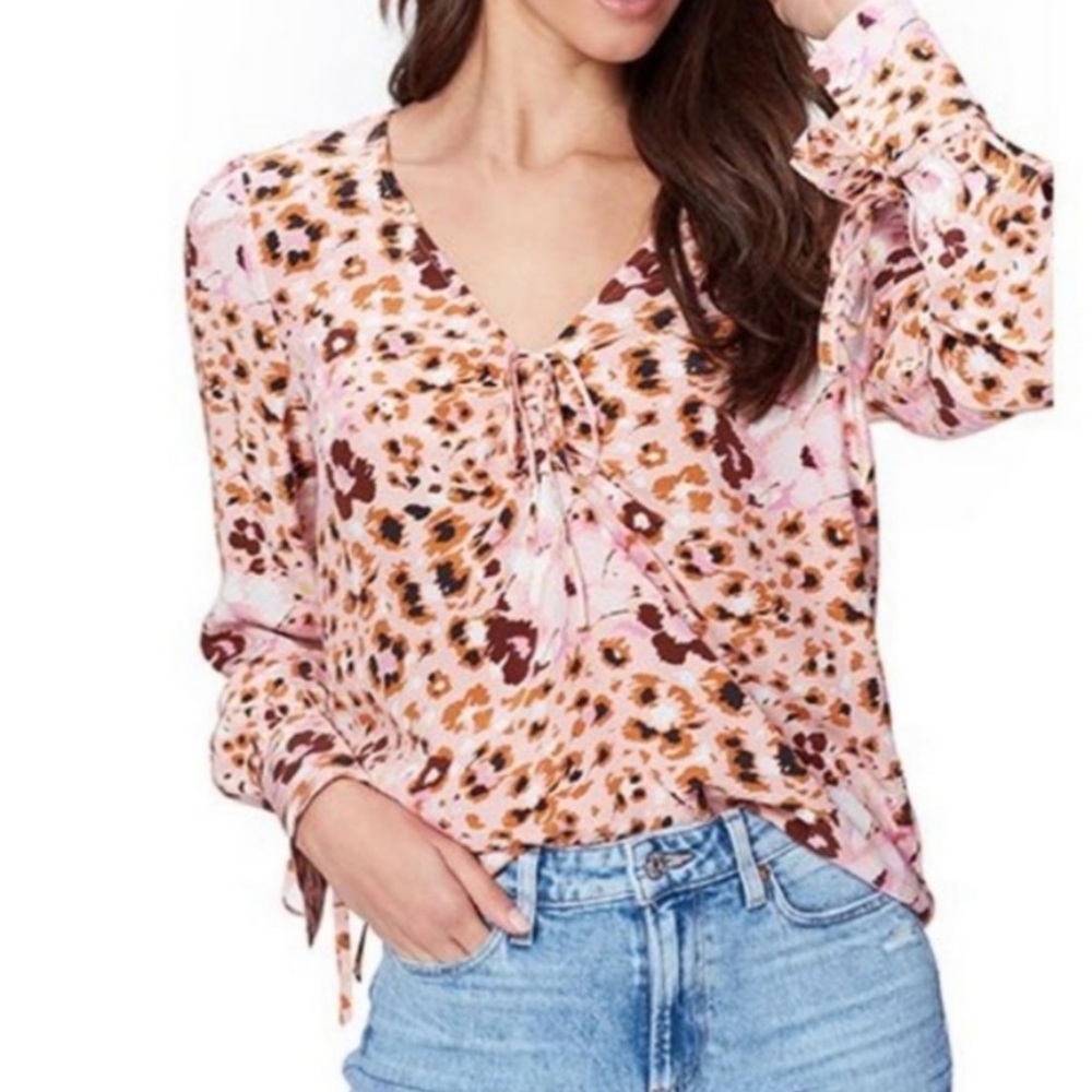 Paige Boho Leopard Camel & Pink Silk Blouse Sz Large Excellent Condition